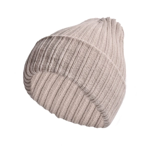 Close-up of beige knit beanie showing detailed ribbed texture and soft warm material