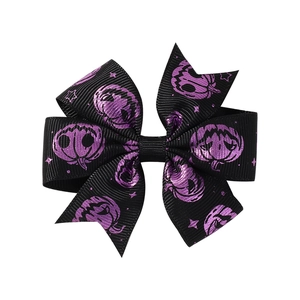 Halloween black hair bow with purple pumpkin ghost prints for kids gothic hair accessory