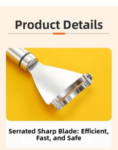 Detail view of the serrated sharp blade on the stainless steel corn peeler tool