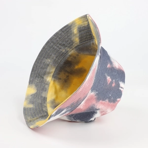 Detail shot of multi-color tie-dye bucket hat showing stitching on reinforced brim