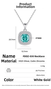 Macro view of S925 sterling silver square pendant with Paraiba cubic zirconia and tiny diamonds