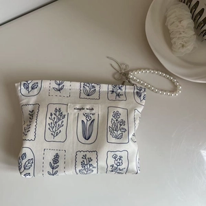 Floral cotton small square bag with pearl chain handle and simple wish label