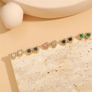Set of five 14K gold plated heart stud earrings with colorful zirconia stones