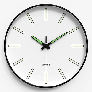 Luminous silent quartz wall clock 14 inch with white dial and glow hands for bedroom