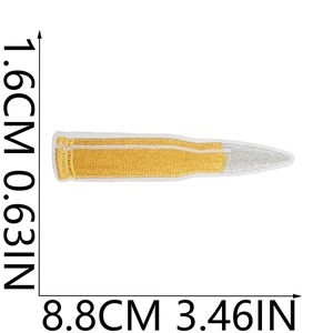 Close-up of golden bullet embroidery patch with precise size labels and 3D stitch texture