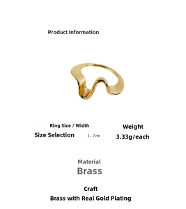 Detail showing weight 3.33g and width 1.2cm of brass gold-plated wavy ring