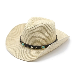 Beige straw cowboy hat with turquoise embellishments and classic wide brim style