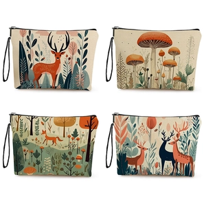 Forest Animal Print Makeup Bag Fine Linen Zippered Cosmetic Pouch Portable Travel Storage Organizer For Women Girls