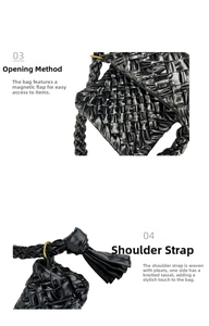 Detail view of woven wax leather crossbody bag with magnetic flap closure and tassels