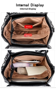 Internal view of a large black tote bag showing organized pockets and daily essentials