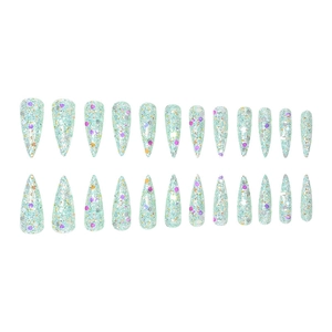 Flat lay of 24pcs long stiletto press-on nails with iridescent glitter and colorful sequins
