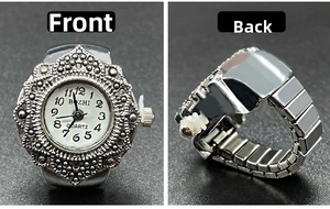 Detailed front and back view of a vintage silver quartz ring watch with elastic band