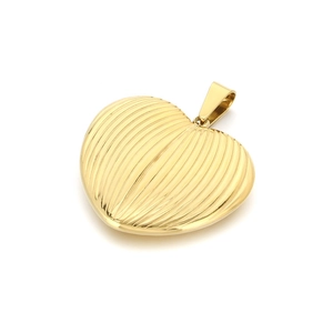 Polished gold stainless steel heart pendant with vertical striped texture on white background