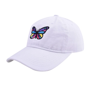 Detailed close-up of a white cotton baseball cap with colorful butterfly embroidery details