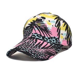 Tie-dye baseball cap with tropical palm leaf prints and gradient colorful summer patterns