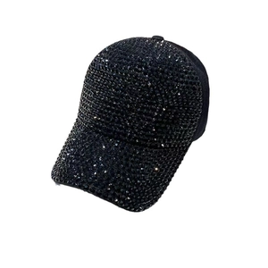 Women's black baseball cap with sparkling rhinestones and sequin butterfly details