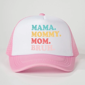 Pink and white mesh trucker hat for moms with MAMA MOMMY MOM BRUH text design