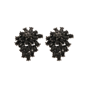 Vintage floral stud earrings with black crystals and marquise-cut rhinestones in dark metal