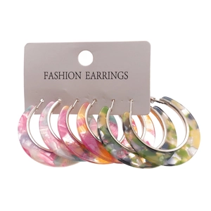 Set of six colorful C-shaped acetate resin hoop earrings with stylish leopard print pattern