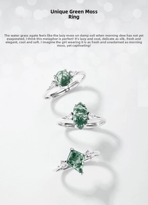 Three S925 silver rings with round, hexagonal, and lozenge green moss agate stones