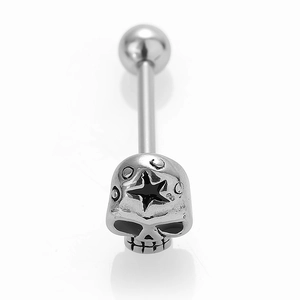 Macro detail of silver punk skull star tongue stud in polished stainless steel