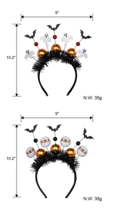 Detail view of Halloween headbands with white ghost and mummy icons and size specs