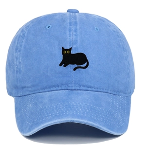 Vintage light blue washed cotton baseball cap with sitting black cat embroidery