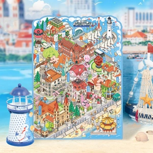 3D Qingdao city landscape stickers with wooden lighthouse model for creative DIY journals