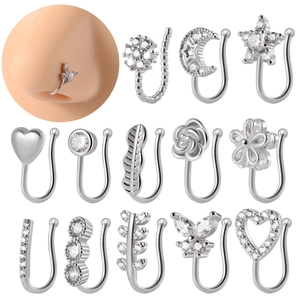 Non Pierced Fake Nose Ring Copper Zircon Inlaid Flower Heart Moon Star Nose Cuff Clip On Jewelry