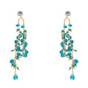 French palace style gold earrings with blue turquoise beads and rhinestone tassels