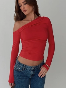 Top Court Asymétrique À Une Épaule Froncé Polyester Élasthanne Manches Longues Coupe Ajustée Sexy Streetwear Couleur Unie