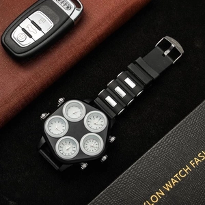Hip hop punk style multi-timezone black men's watch with five dials and rubber strap