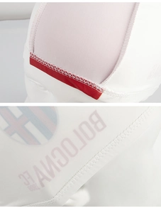 Detail showing white synthetic swim cap fabric with red edging and Bologna FC 1909 logo