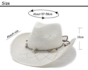 Detail showing white straw cowboy hat with star metal charm and bead strap with size specs