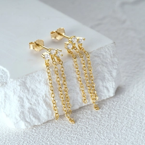 Detailed macro view of S925 sterling silver stamp on gold tassel earrings with zircon