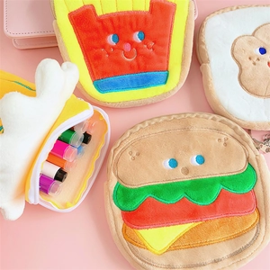 Cute plush cartoon food pouches featuring hamburger and toast designs for storage