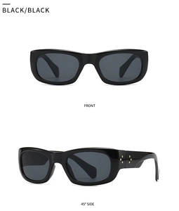 Front and 45-degree side view of vintage square black sunglasses with decorative rivets