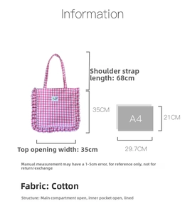 Detailed size guide for pink plaid ruffle tote bag with cotton fabric dimensions