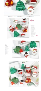 Detail of glittery resin Christmas hair clips featuring Santa, snowman and tree motifs