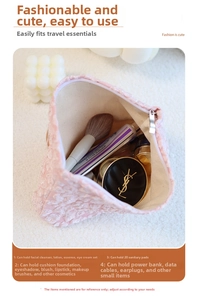 Detail of pink embossed floral makeup bag showing large storage capacity and inner lining