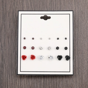 9 pairs of alloy stud earrings set featuring red roses, crystal rhinestones and beads