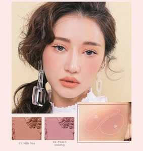 Detailed macro view showing matte blush shades and face application guide on a female model