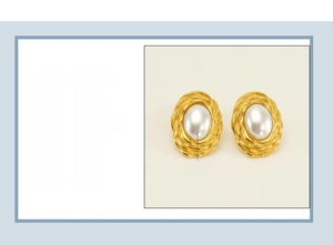 Detailed specs of gold 18K plated stainless steel woven earrings with white oval pearls