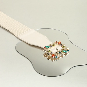 Beige elastic waist belt for women with decorative gold square buckle and colorful stones