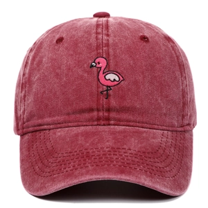 Vintage washed red cotton baseball cap with pink flamingo embroidery for men and women