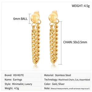 Detailed view of gold stainless steel tassel earrings with 6mm ball and 50mm chain dimensions
