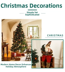 Detailed view of standing Santa plush doll and decorated Christmas tree with LED lights