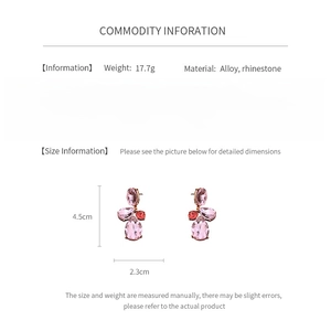 Detailed chart showing pink rhinestone teardrop earrings with dimensions and material info