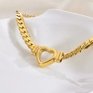 Polished 18K gold-plated Cuban link necklace with hollow heart pendant for women