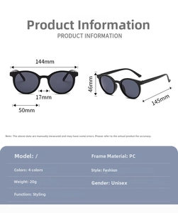 Size chart for retro round sunglasses detailing 144mm width and 145mm temple length